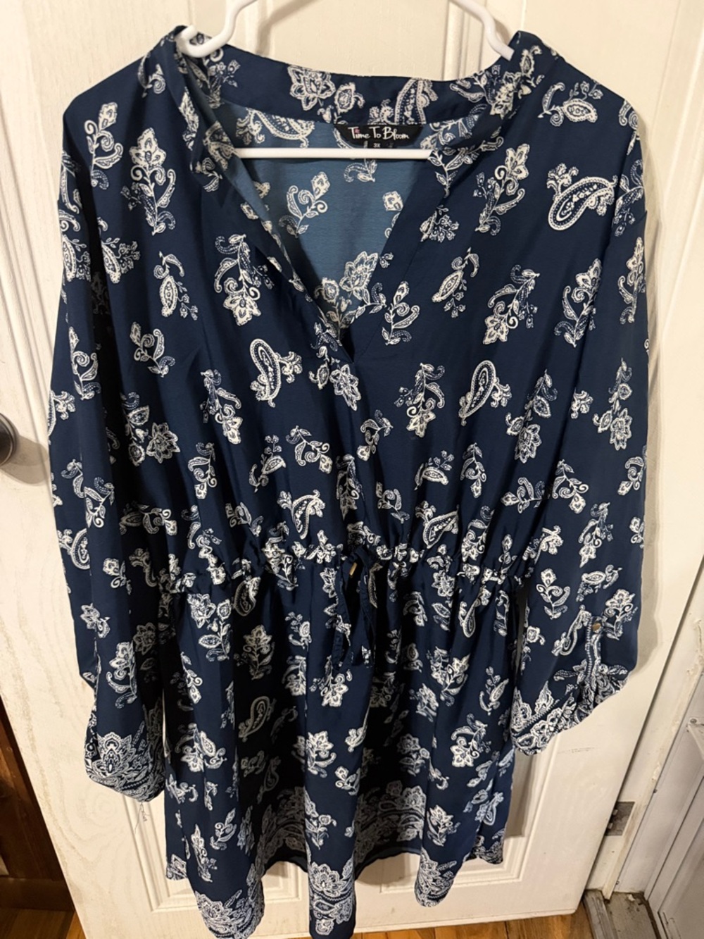 Women’s Navy Paisley Midi Dress with Cinched Waist
